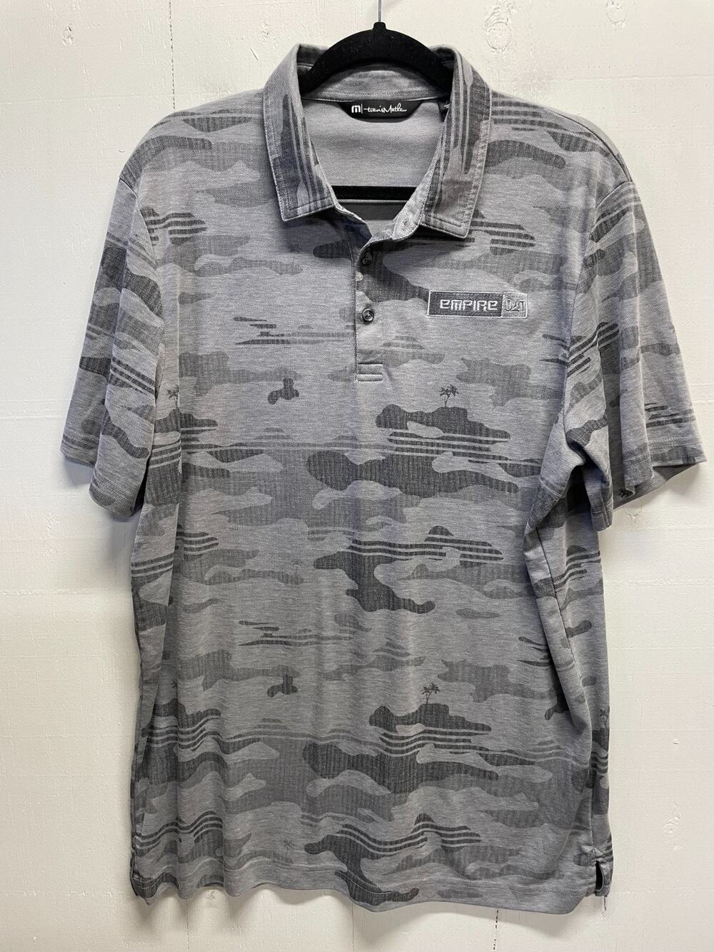 Travis Mathew Men's Golf Polo Shirt Size XL Gray Camouflage Pattern, Empire Logo